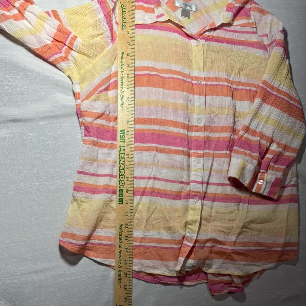 CJ Banks Striped Button Down Blouse 1X | Pink Orange Yellow Lightweight Top - Picture 4 of 7